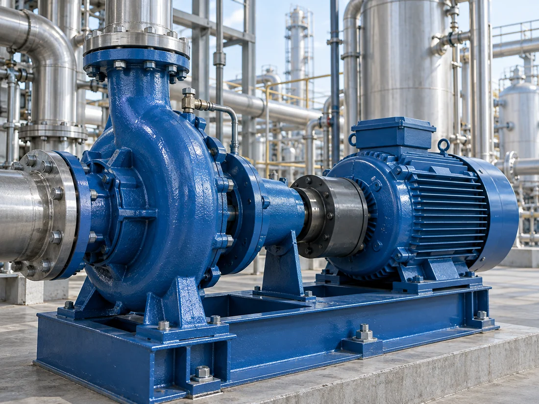 Pompe centrifuge bleue dans une installation industrielle