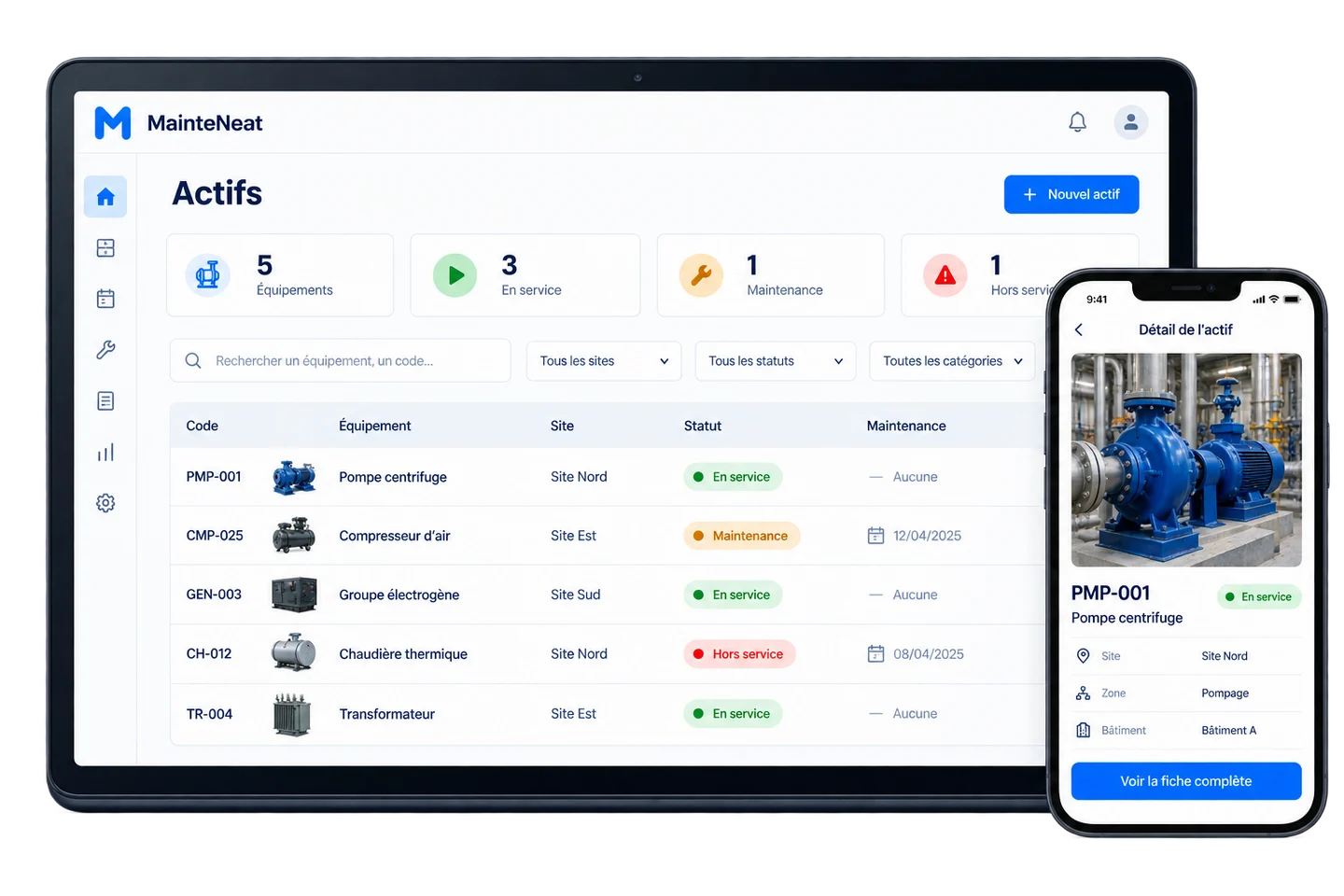 Présentation illustrative du module Actifs MainteNeat sur ordinateur et de la fiche équipement sur mobile