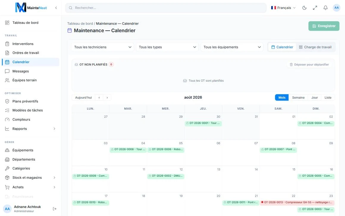 Le calendrier de maintenance de MainteNeat, sur un écran de bureau