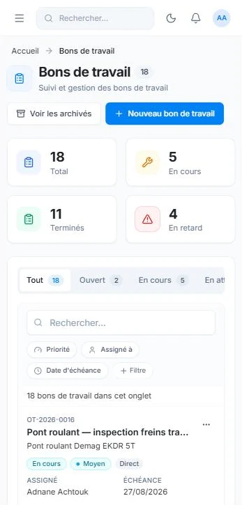 La liste des bons de travail dans MainteNeat, sur un téléphone
