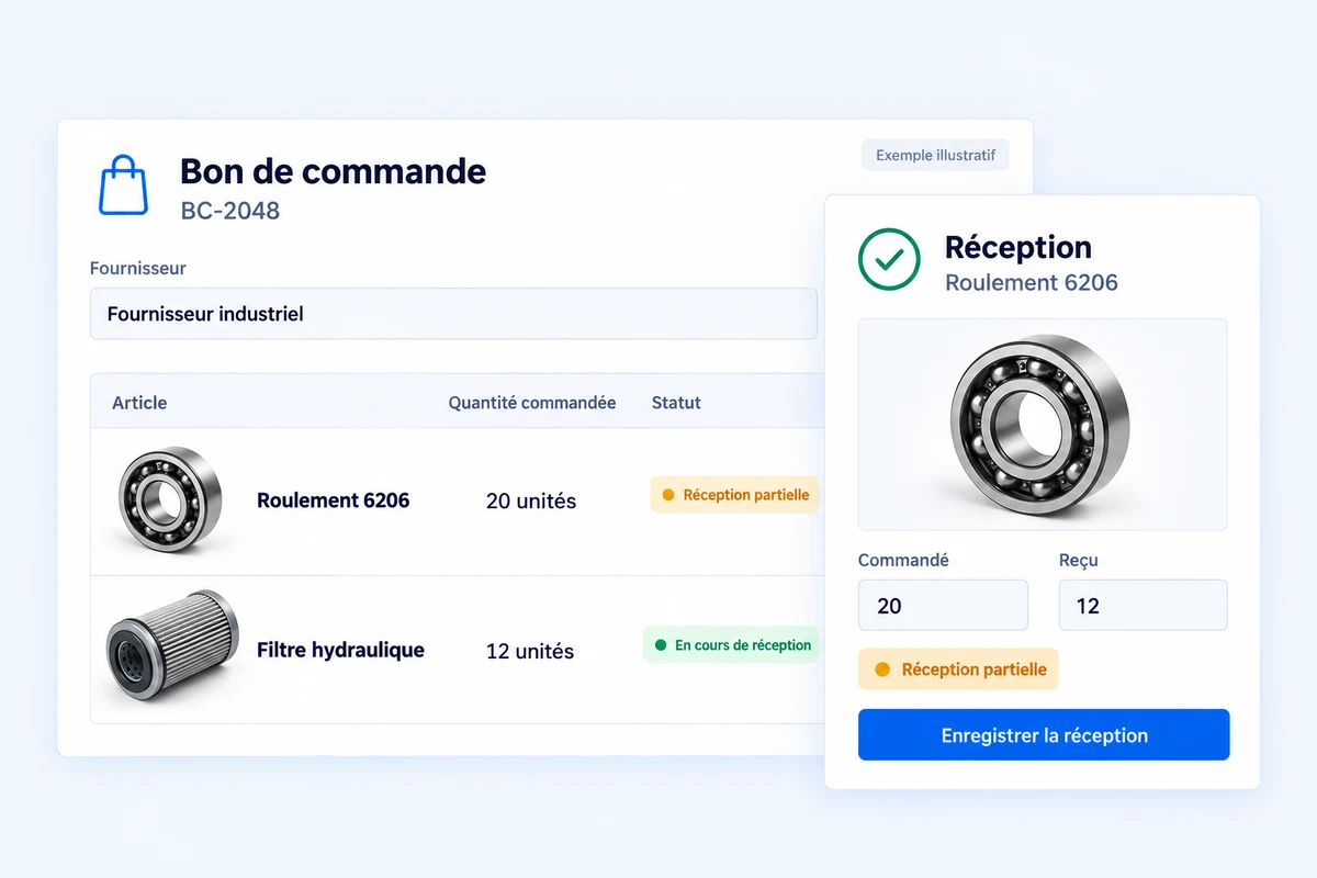 Illustration d’un bon de commande MainteNeat et d’une réception partielle de roulements.