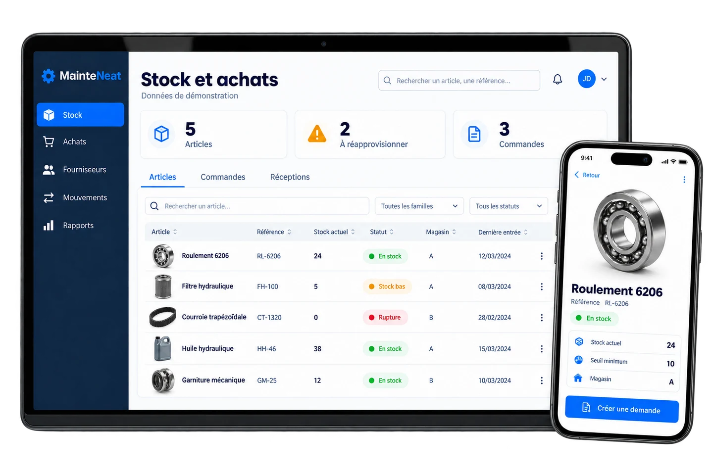 Présentation illustrative de Stock et achats MainteNeat sur ordinateur et de la fiche Roulement 6206 sur mobile